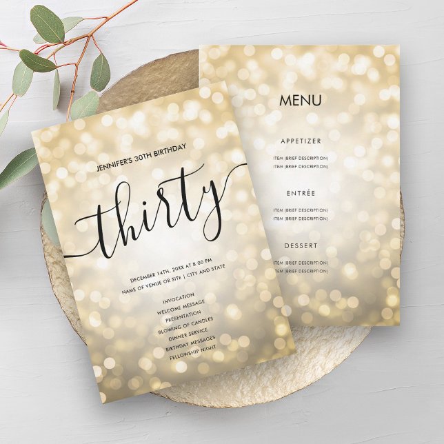 Invitation Gold Parties scintillant Lights 30th Birthday Menu (Gold Glitter Lights 30th Birthday Menu Program)