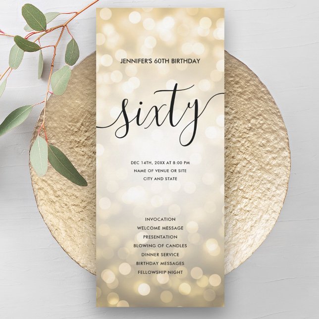 Invitation Gold Parties scintillant Lights 60e Anniversaire P (Gold Glitter Lights 60th Birthday Programs)