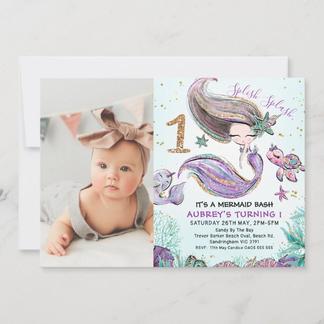 Invitation Gold Parties scintillant One Purple Mermaid Photo  (Devant)
