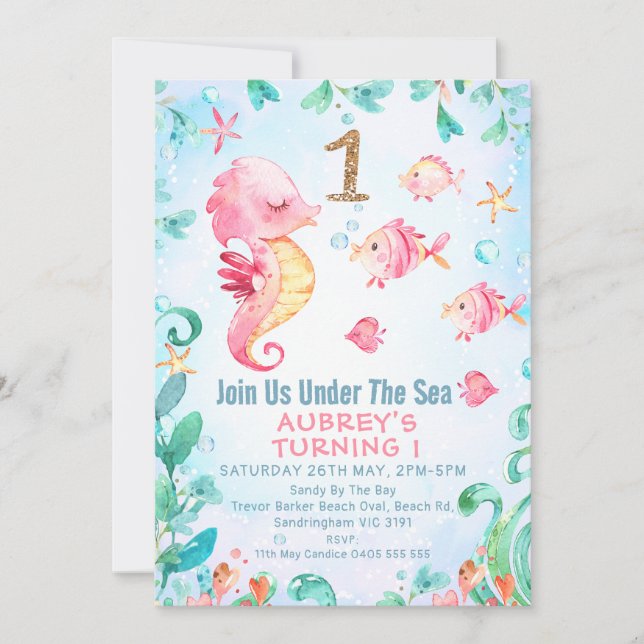 Invitation Gold Parties scintillant One Seahorse sous mer 1er (Devant)