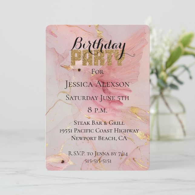 Invitation Gold Parties scintillant Party Blush Rose Birthday (Debout devant)