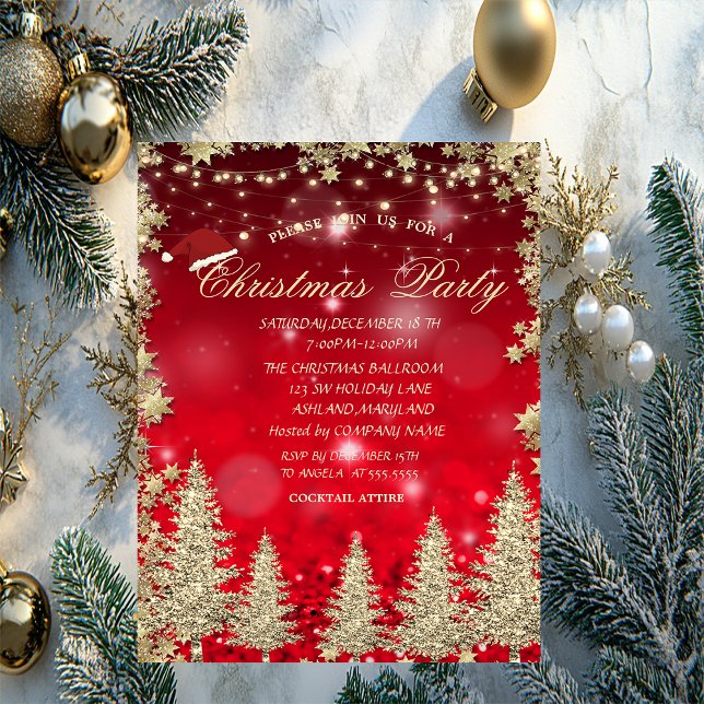 Invitation Gold Parties scintillant Pine Tree, Stars Red Boke (Créateur téléchargé)
