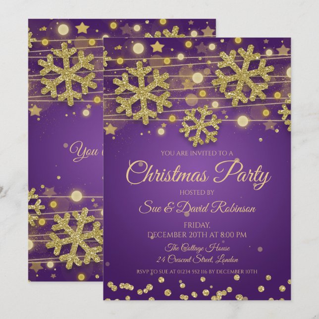 Invitation Gold Parties scintillant Purple Noël Fête (Devant / Derrière)