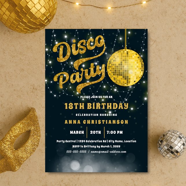 Invitation Gold Parties scintillant Retro les années 70 Disco (Gold Glitter 70s Retro Disco Ball party invitation)