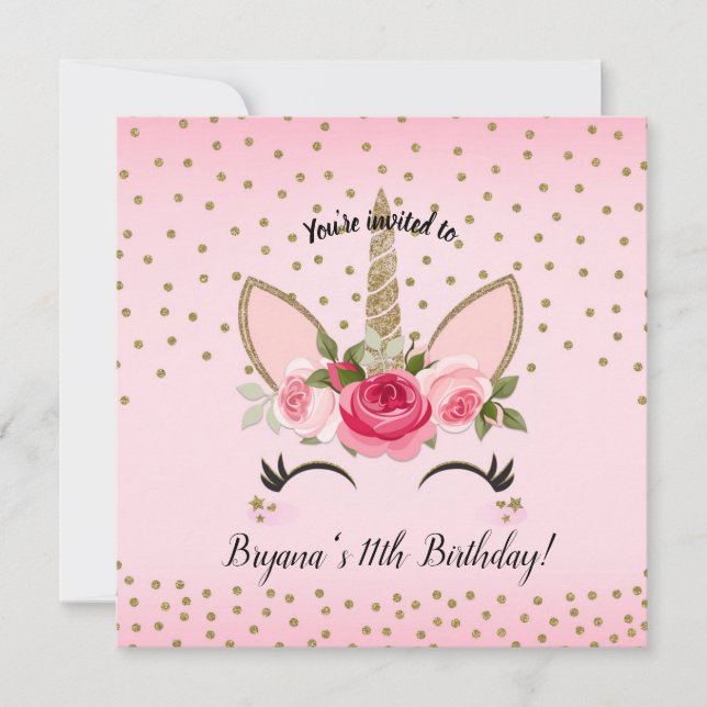 Invitation Gold Parties scintillant & Rose Floral Unicorn fêt (Devant)