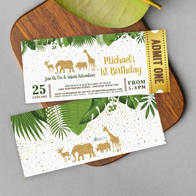 Invitation Gold Parties scintillant Safari Adventure Ticket P (Créateur téléchargé)