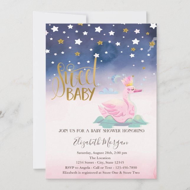 Invitation Gold Parties scintillant Star, Swan Baby shower In (Devant)
