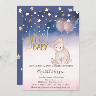 Invitation Gold Parties scintillant Star, Teddy Bear Balloons