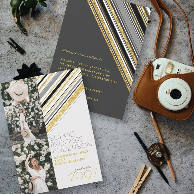 Invitation Gold Parties scintillant Stripes 3 Photo Chic Grad (Créateur téléchargé)