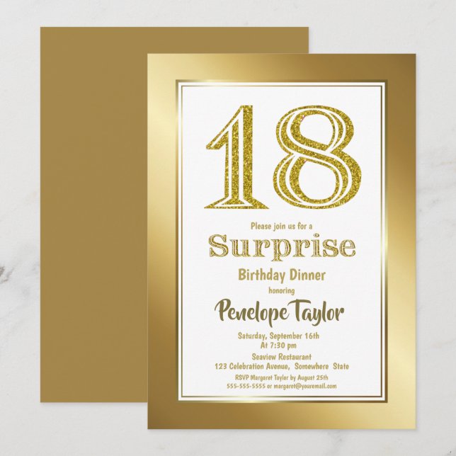 Invitation Gold Parties scintillant Surprise 18e anniversaire (Devant / Derrière)