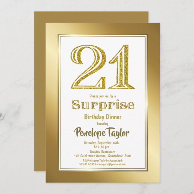 Invitation Gold Parties scintillant Surprise 21e anniversaire (Devant / Derrière)