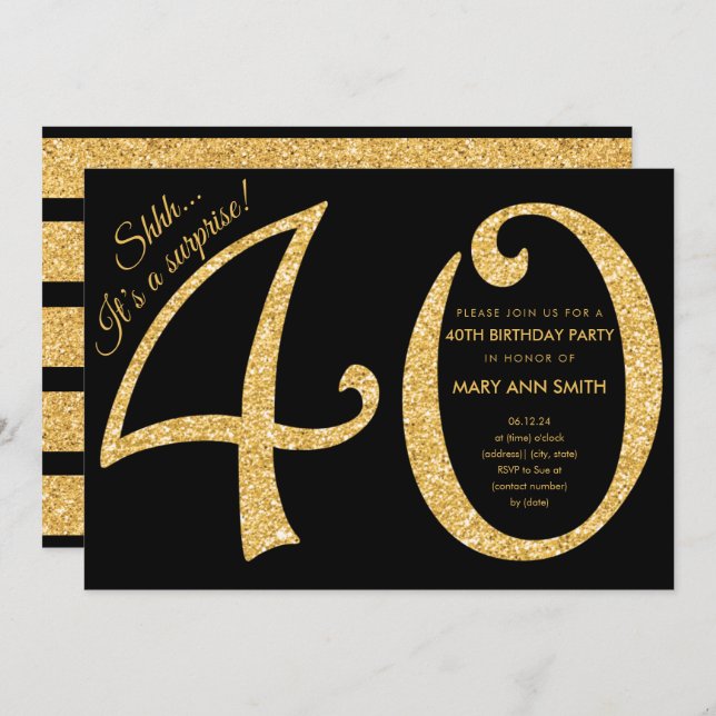 Invitation Gold Parties scintillant Surprise 40e anniversaire (Devant / Derrière)