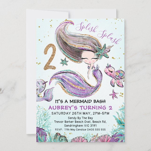 Invitation Gold Parties scintillant Two Purple Mermaid 2e ann (Devant)