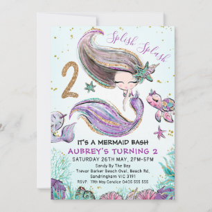 Invitation Gold Parties scintillant Two Purple Mermaid 2e ann