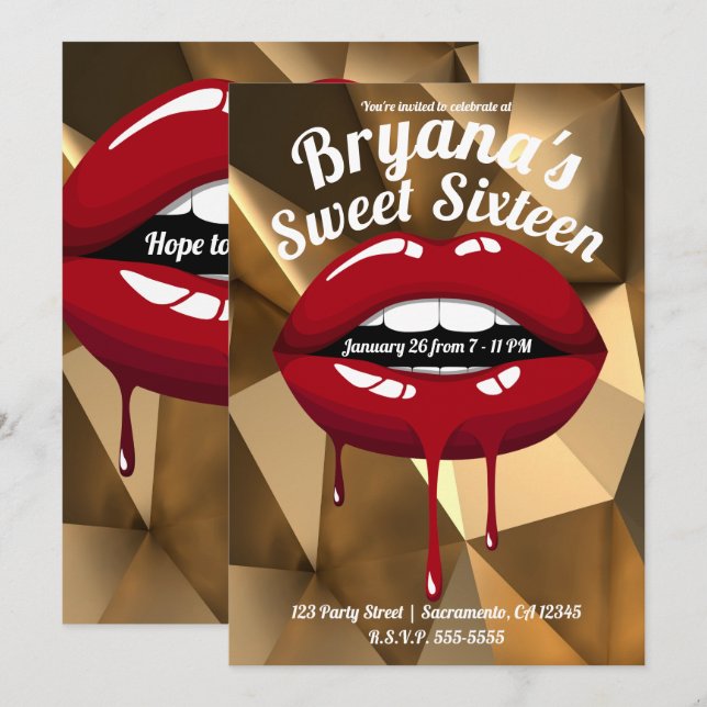 Invitation Gold Party Luxury Red Dripping Lips Sweet 16 (Devant / Derrière)