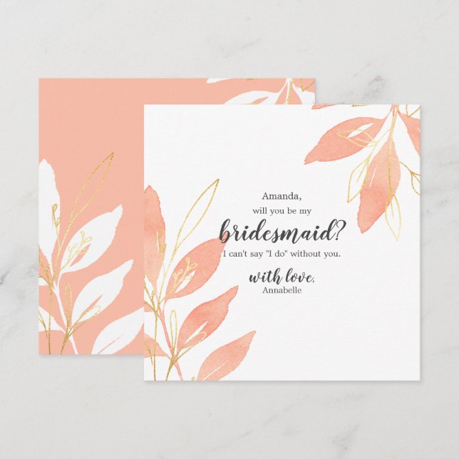 Invitation Gold & Peach Floral Will You be my Bridesmaid (Devant / Derrière)
