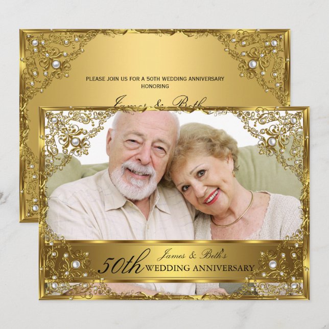 Invitation Gold Pearl Damask Photo 50th Mariage Anniversary (Devant / Derrière)