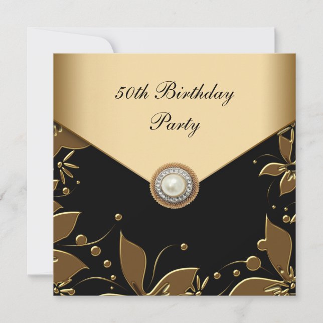 Invitation Gold Pearl Floral Woman 50e Anniversaire (Devant)