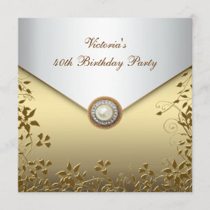 Invitation Gold Pearl Floral Womans 40e anniversaire