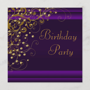 Invitation Gold Pearl Swirl femmes violet fête d'anniversaire