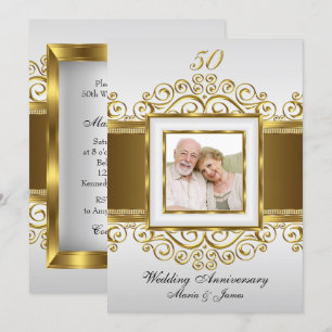 Invitation Gold & Pearl Swirl Photo 50 Anniversaire Invitatio