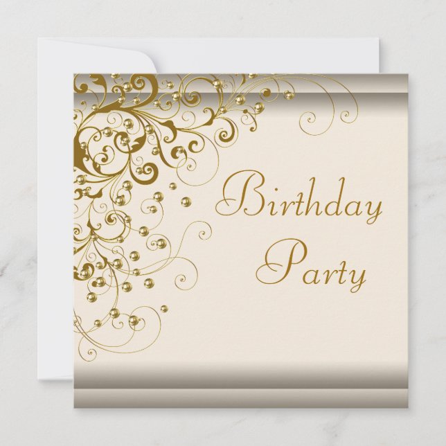 Invitation Gold Pearl Swirl Womans Ivory Gold Anniversaire (Devant)