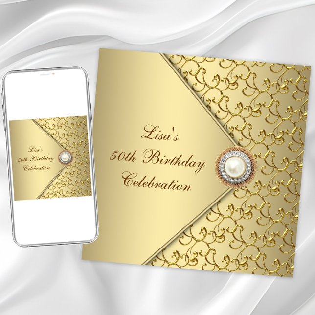 Invitation Gold Pearl Womans 50e fête d'anniversaire (Elegant gold birthday and any event invitation. Instant download and printed invitations available.)