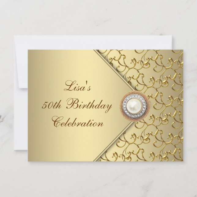 Invitation Gold Pearl Womans 50e fête d'anniversaire (Devant)