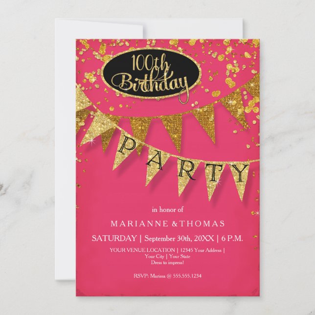Invitation Gold Pennant Any Year Pink Birthday Confetti (Devant)
