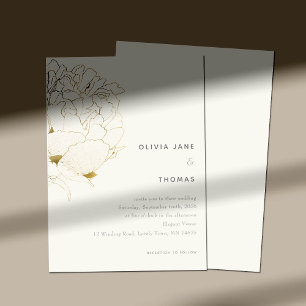 Invitation Gold Peony Elégant croquis floral BW Mariage