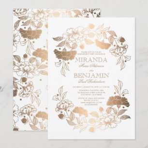 Invitation Gold Peony Floral Wreath Élégante Partie d'engagem