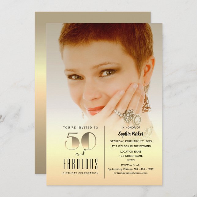Invitation Gold Photo 50th Birthday (Devant / Derrière)