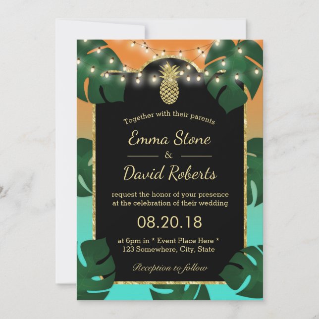 Invitation Gold Pineappy String Lumières Mariage Tropical (Devant)