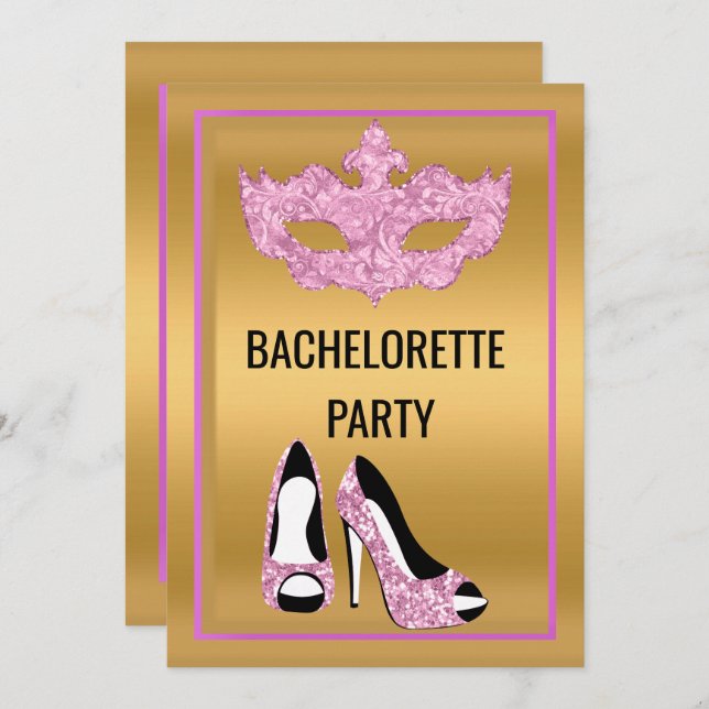 INVITATION GOLD PINK BACHELORETTE HEELS MASQUERADE PARTY (Devant / Derrière)