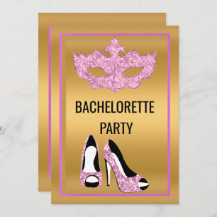 INVITATION GOLD PINK BACHELORETTE HEELS MASQUERADE PARTY