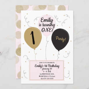 Invitation Gold Pink & Black Balloons Fête du 1er anniversair