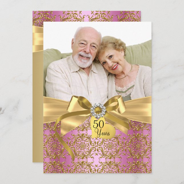 Invitation Gold Pink Damask & Bow Photo 50e anniversaire (Devant / Derrière)