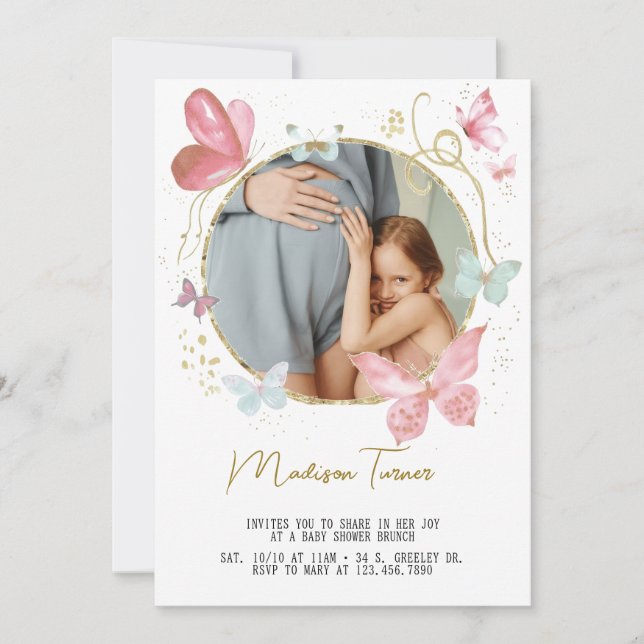Invitation Gold Pink Floral Butterfly Baby Shower Photo  (Devant)