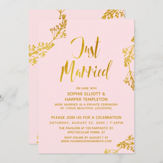 Invitation Gold & Pink juste marié après mariage fête de mari (Devant / Derrière)