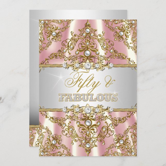 Invitation Gold Pink Pearl Damask Cinquante et fabuleux Invit (Devant / Derrière)