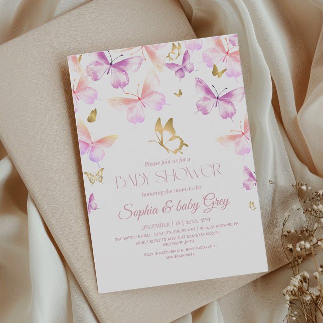 Invitation Gold Pink Purple Butterfly Baby Shower (Créateur téléchargé)