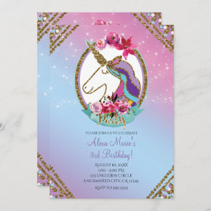 Invitation Gold Pink Purple Magical Unicorn Birthday Party