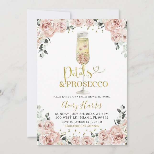 Invitation Gold Pink Rose Petals & Prosecco Bridal Shower (Devant)
