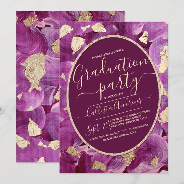 Invitation Gold Plum Lilac Acrylique Brushstroke Graduation (Devant / Derrière)