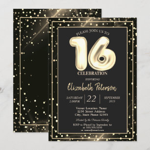 Invitation Gold Pois Black Sweet 16 Party
