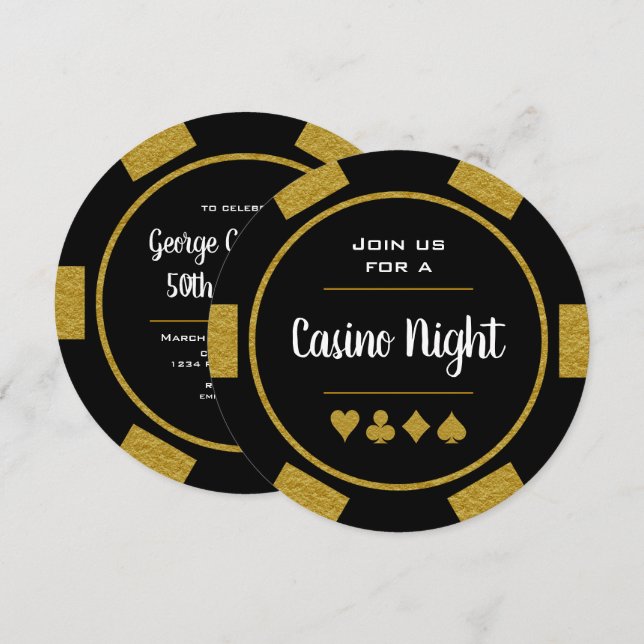 Invitation Gold Poker Chip Anniversaire Casino Night (Devant / Derrière)