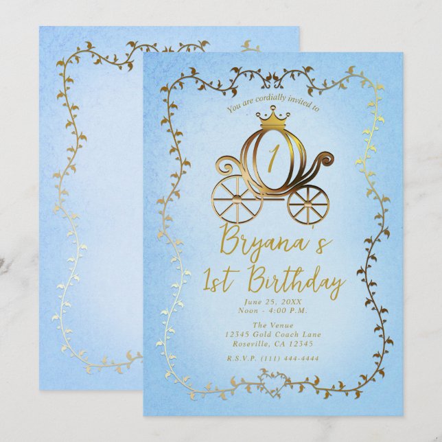 Invitation Gold Princess Carriage Blue Storybook 1er annivers (Devant / Derrière)