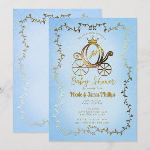 Invitation Gold Princess Carriage Blue Storybook Baby shower