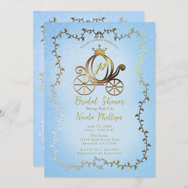 Invitation Gold Princess Carriage Blue Storybook Bridal (Devant / Derrière)