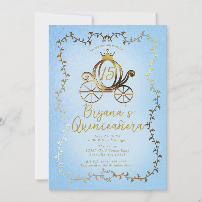 Invitation Gold Princess Carriage Blue Storybook Quinceañera (Devant)